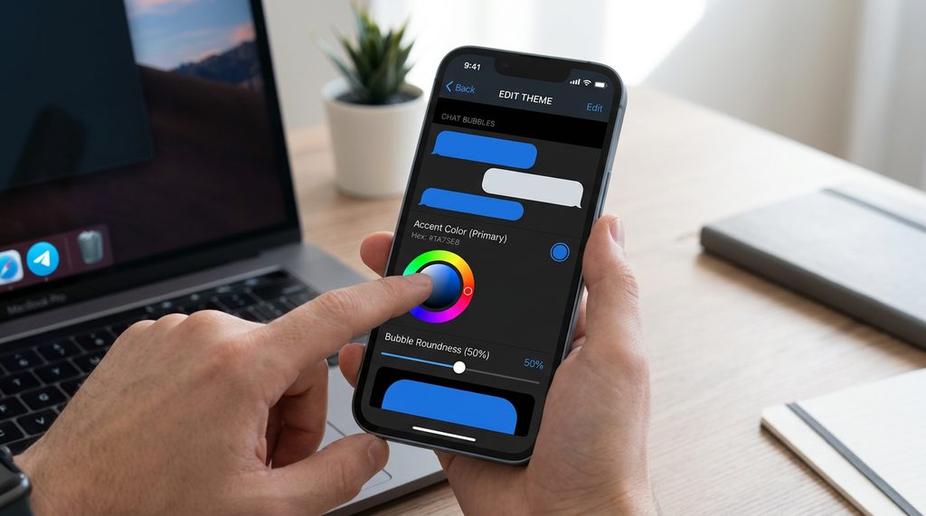Telegram 主题设置界面，展示用户在微调聊天气泡的强调色和圆角参数，界面风格现代简洁