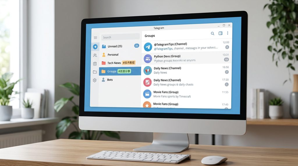 电脑桌面显示Telegram聊天界面的文件夹分类功能，界面简洁明了，扁平化设计