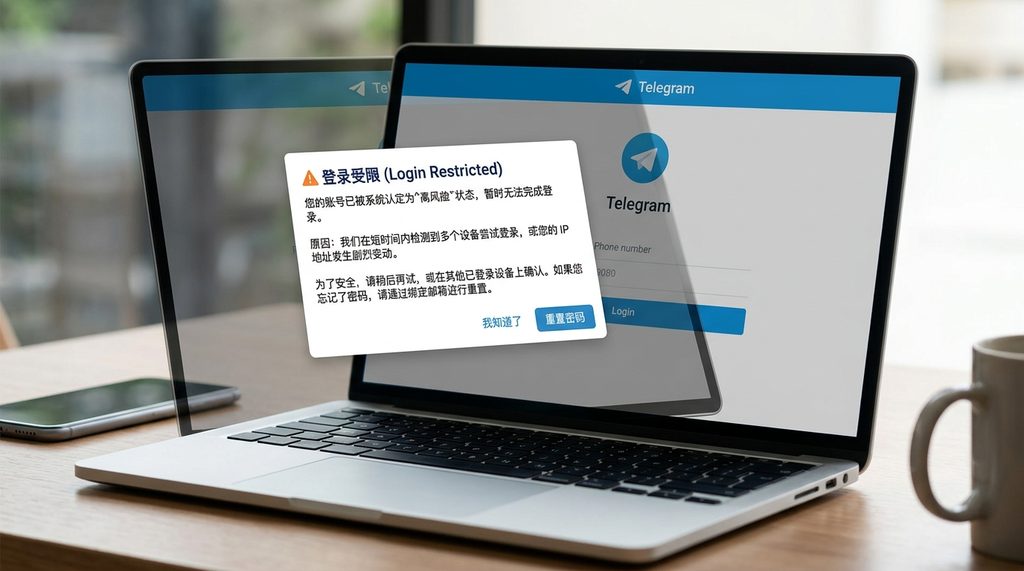 电脑屏幕显示 Telegram 登录风控提示弹窗,配色为经典的 Telegram 蓝白风格,特写界面