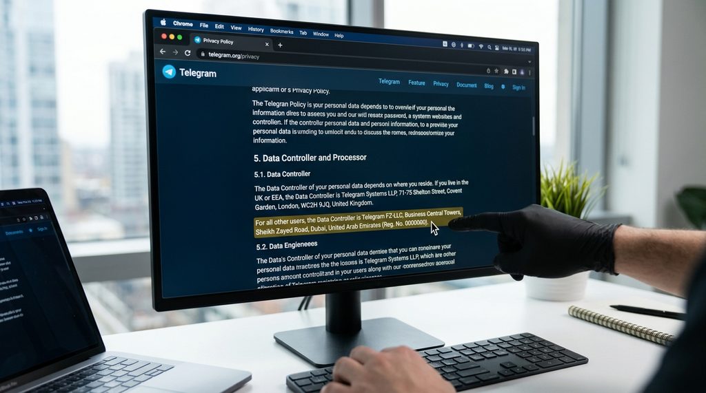 用户在电脑浏览器上打开Telegram隐私政策页面，鼠标指针悬停在公司注册地址信息栏，显示清晰的UI