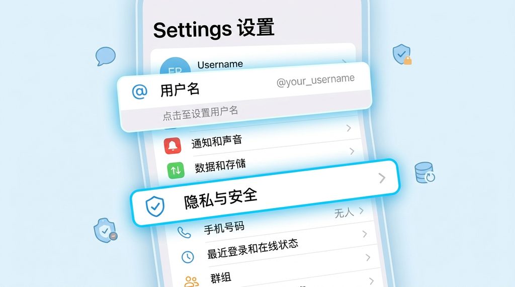 Telegram 设置菜单页面，突出显示隐私与安全、用户名设置选项的 UI 界面图