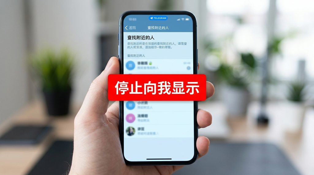 Telegram内“查找附近的人”功能的关闭界面，呈现一个醒目的红色的“停止向我显示”按钮，背景模糊