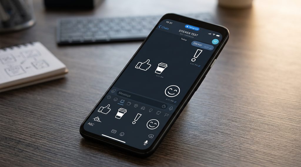 手机屏幕显示 Telegram 聊天界面，用户正在发送一套自制的简约风格贴纸，背景为 Telegra