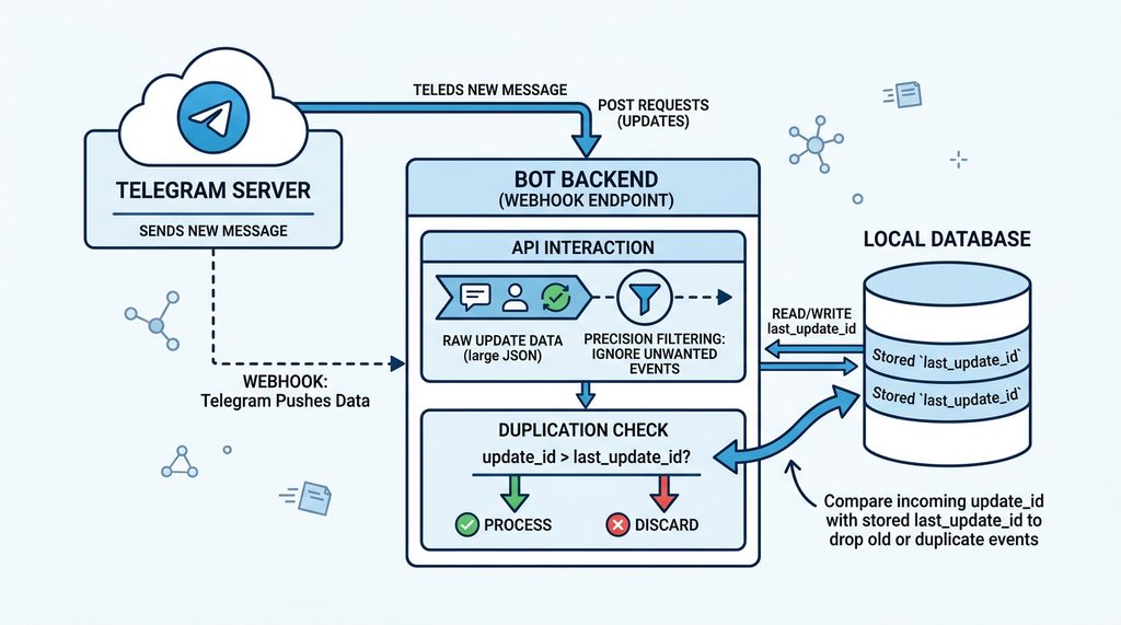 展示 Telegram Bot 后端架构图，包含 Webhook 与本地数据库的交互逻辑，简洁的线条