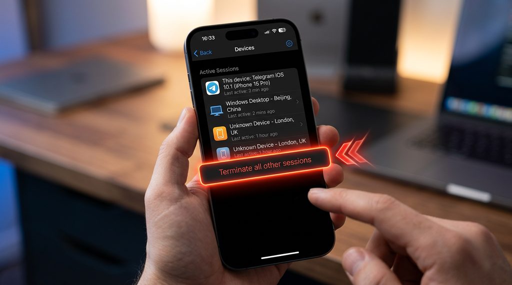手机屏幕显示 Telegram 设备管理界面，高亮显示“Terminate all other se