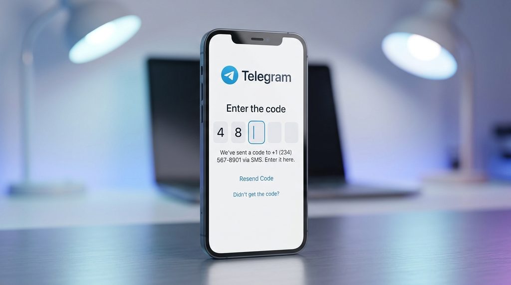一部智能手机屏幕显示Telegram验证码获取界面，背景模糊，呈现简洁的科技感