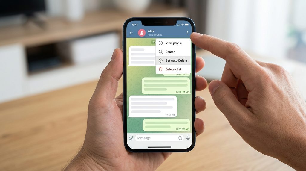 Telegram 私聊窗口菜单栏,显示“设置自动删除消息”功能的截图,界面简洁直观