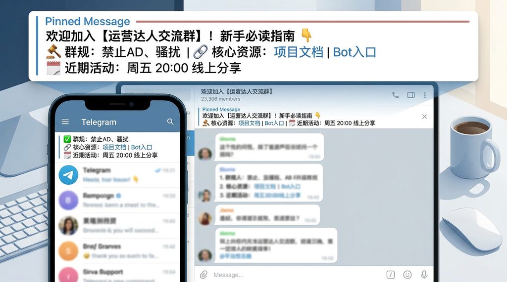 Telegram 群组界面,顶部有一条醒目的置顶消息,使用 Markdown 粗体和 Emoji 标