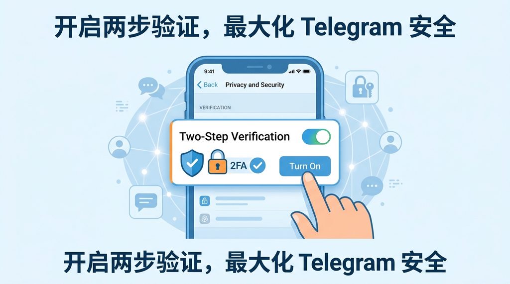 用户在手机端设置界面开启两步验证的示意图，图标清晰，配色采用Telegram经典的蓝色风格