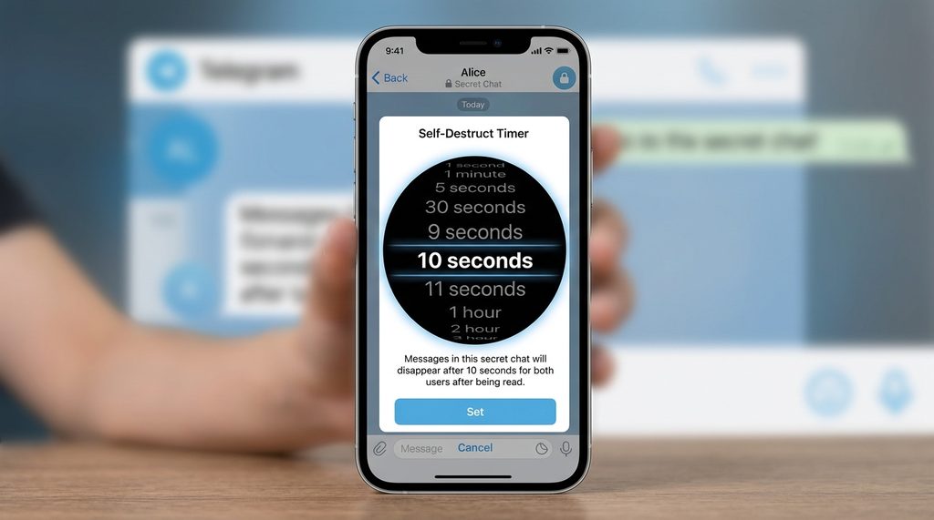 加密聊天模式下的定时器设置界面,展示倒计时滚动选择器,背景为 Telegram 经典配色