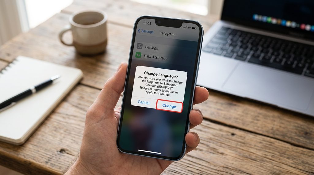 苹果手机设置界面的特写，屏幕上清晰显示“Change Language”确认窗口，UI为iOS风格