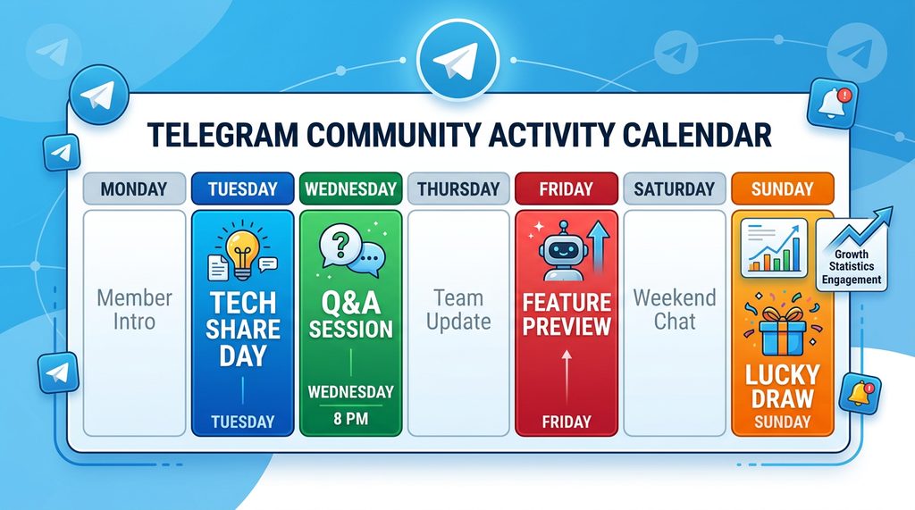 一个简单的周历图表,上面用不同颜色标注了 Telegram 群组的周二干货日、周五提问日等运营活动,