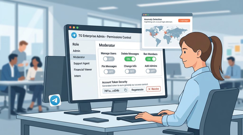 一个清晰的Telegram后台管理界面,显示不同权限角色的列表和权限分配开关,现代扁平化UI风格