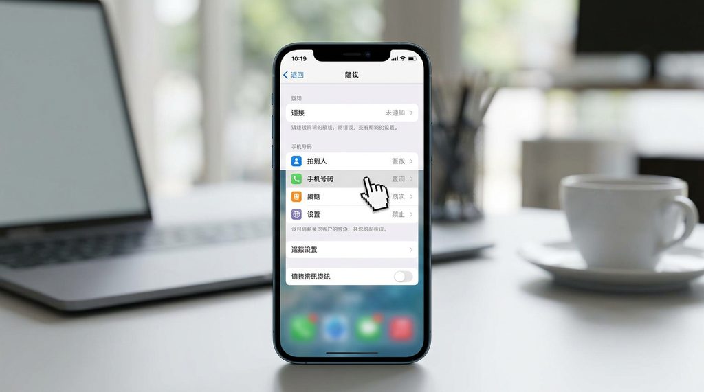 智能手机界面，展示Telegram隐私设置菜单，光标悬停在“手机号码”选项上，背景模糊