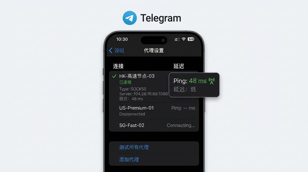 一张展示 Telegram 设置界面中代理服务器测速的截图，显示延迟数值和连接状态