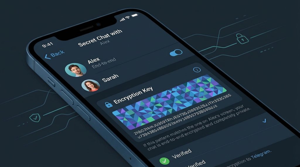 Telegram手机端秘密聊天详情页,显示加密密钥预览图和视觉验证码,高清晰度截图