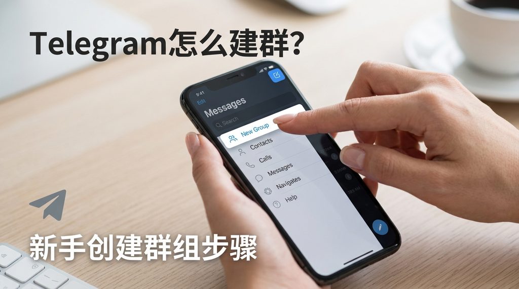 手机界面展示Telegram新建群组的操作流程,手指点击“新建群组”按钮,界面简洁清晰