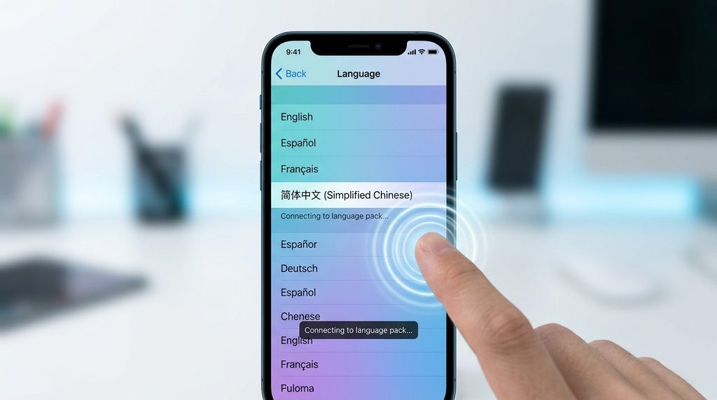 一部智能手机显示 Telegram 语言设置界面的特写，屏幕上清晰展示着选择中文语言包的点击动画效果