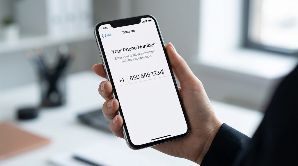 手持智能手机显示Telegram注册界面，特写输入框，展示正确的国际号码格式输入示例