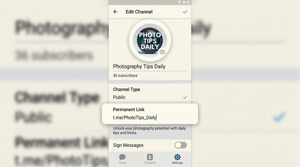 一个清晰明亮的Telegram频道设置界面截图,展示了自定义头像和公开频道链接的编辑状态,界面风格简
