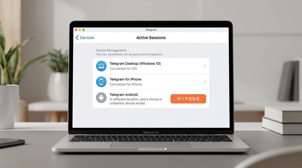 电脑屏幕显示的设备管理列表，界面上有一个橙色的“终止会话”按钮，风格简洁直观