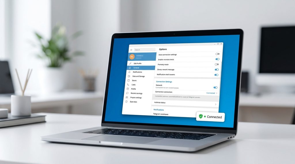 Telegram桌面客户端设置界面,右下角显示连接状态图标,背景简洁专业
