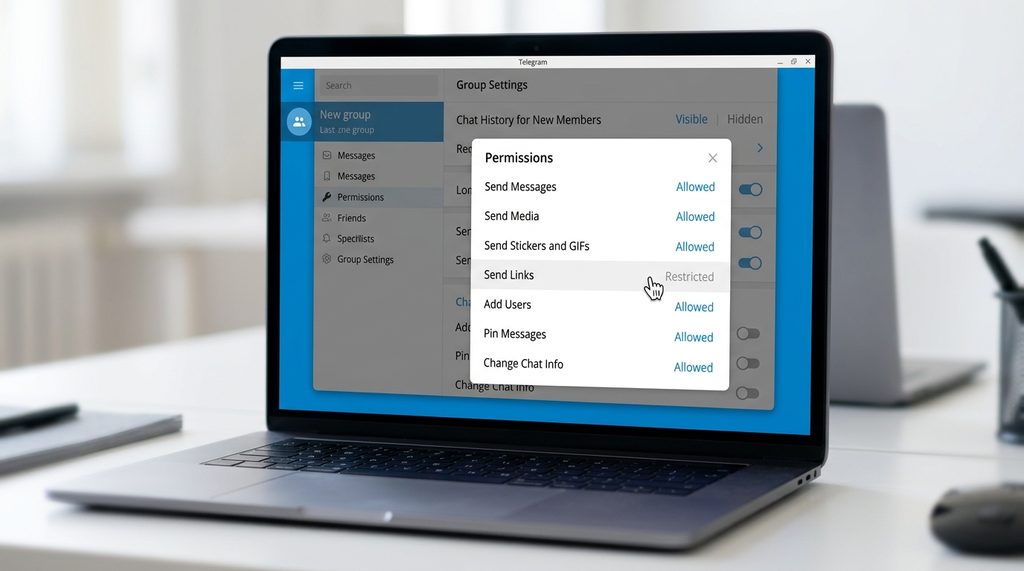 电脑屏幕展示Telegram桌面端群组设置界面,鼠标光标悬停在权限管理开关上
