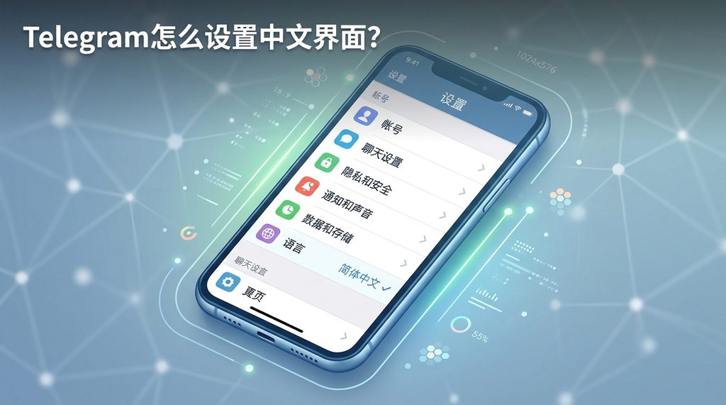 一个清晰的手机截屏，展示了 Telegram 软件界面在切换为中文后，各菜单栏和功能选项的整齐排布情