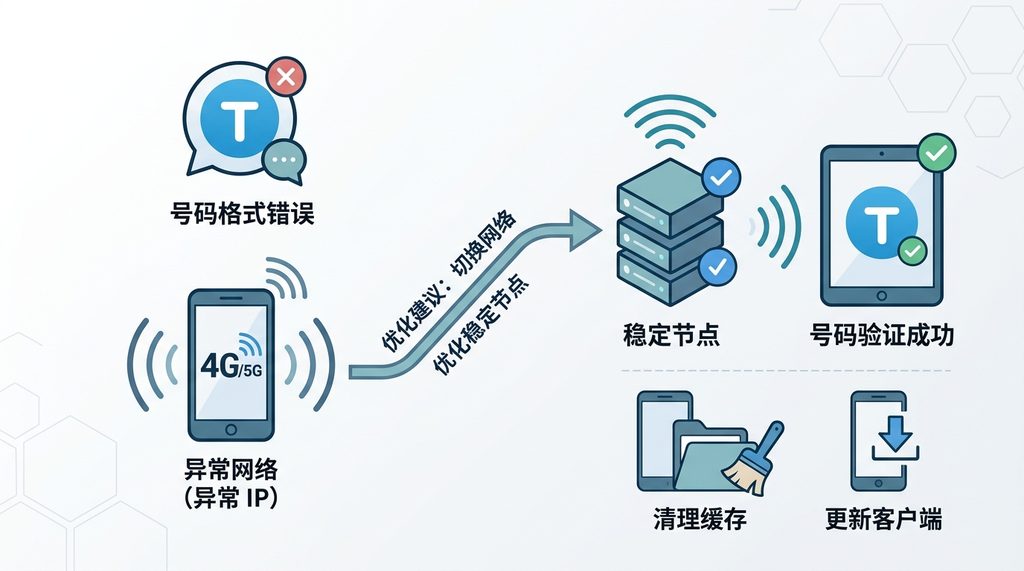 极简主义风格的网络连接排查示意图，显示从移动网络切换到稳定节点的逻辑路径