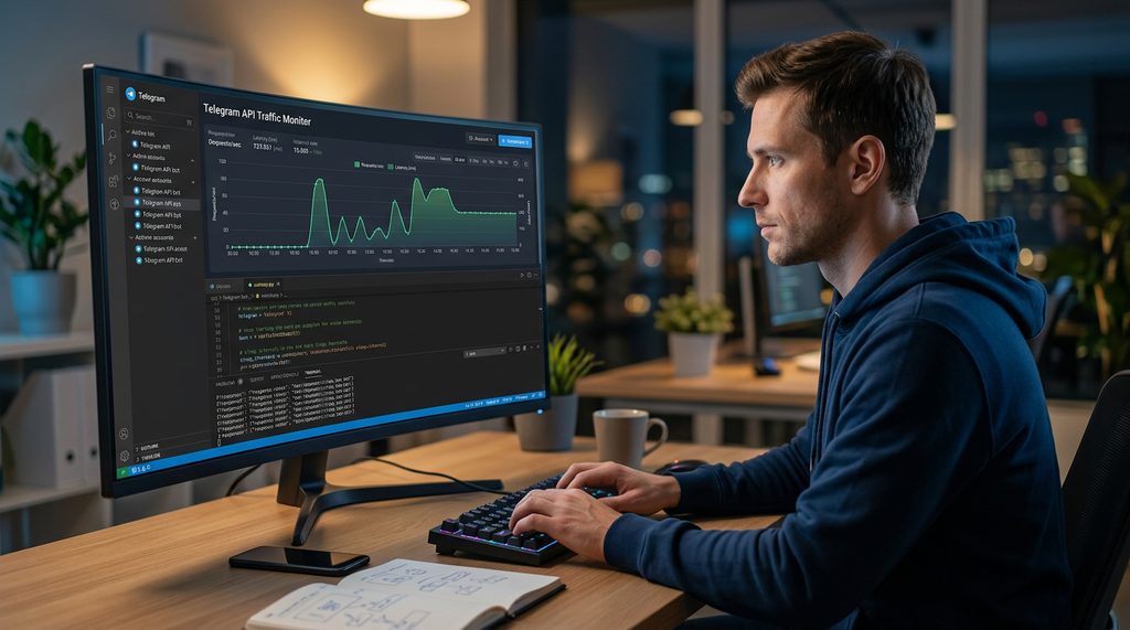 程序员在电脑前编写代码,屏幕上显示着Telegram API请求监控界面,带有流量波动曲线