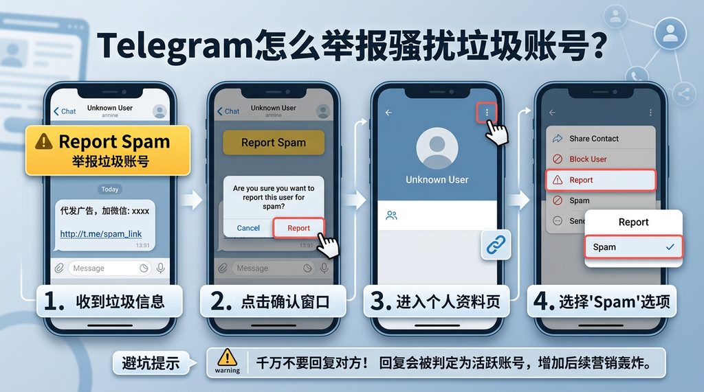 Telegram手机端聊天界面，用户点击举报骚扰信息的详细步骤展示，界面清晰简洁
