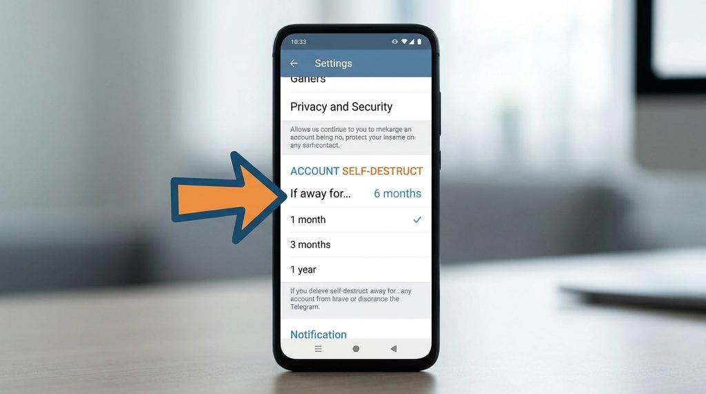 一个智能手机屏幕显示 Telegram 设置页面,箭头指向“如果离开即删除我的账号”选项,背景简洁柔