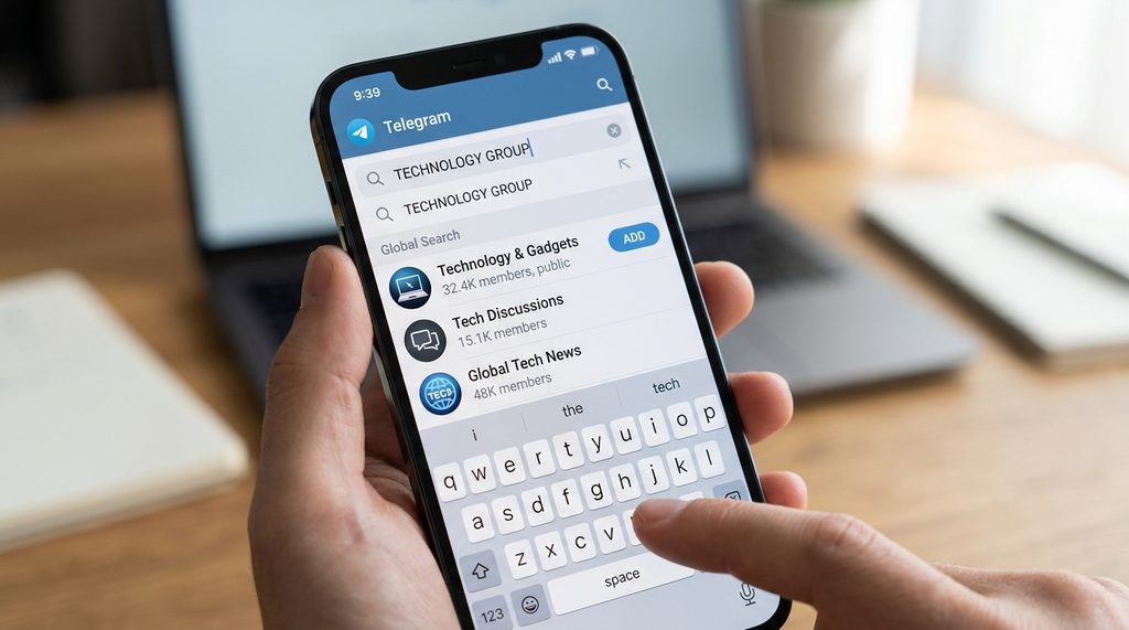 一部智能手机的屏幕，显示Telegram的搜索栏，用户正在输入关键词搜索群组，界面简洁明了