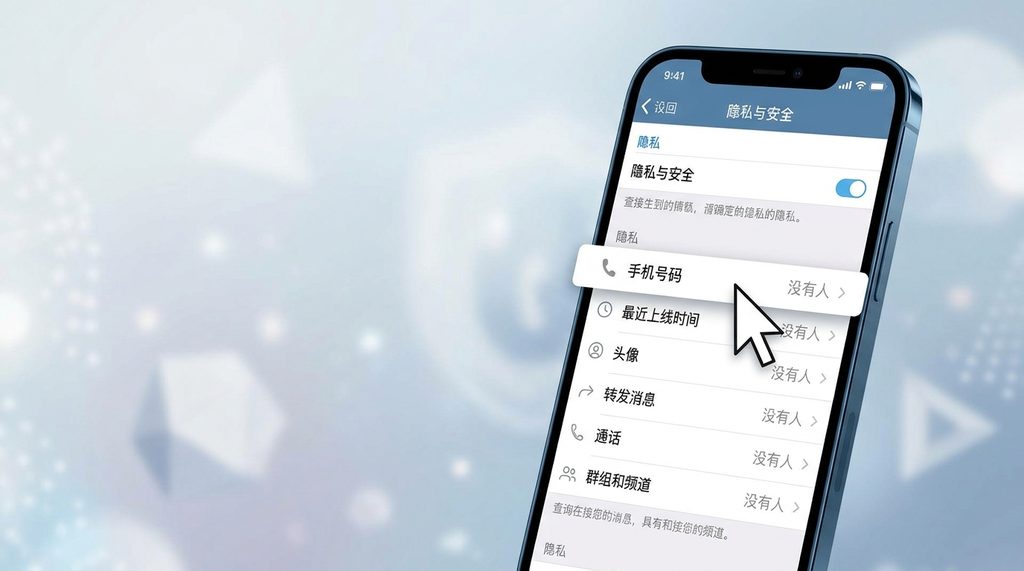 一张展示 Telegram 隐私设置界面的截图,光标正点击“手机号码”选项,准备修改为“没有人可见”