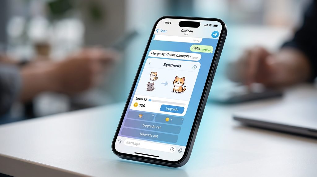 一部智能手机显示 Telegram 界面,屏幕中展示 Catizen 简洁的猫咪合成游戏操作界面,背