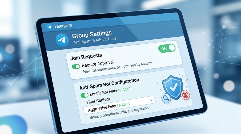 Telegram群组管理员设置面板，展示入群审核与自动拦截功能的配置界面