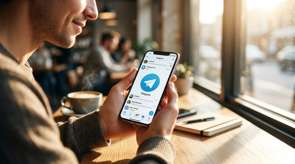 一个人在咖啡馆里拿着手机检查社交应用,神情轻松,阳光透过窗户照在桌面上,特写镜头强调手机屏幕上的 T