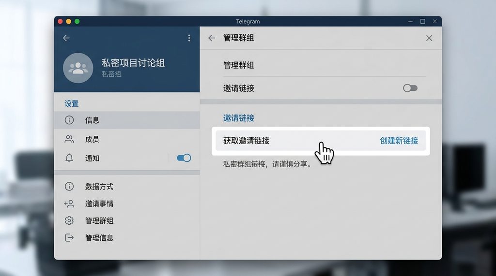 电脑桌面端Telegram界面，展示群聊设置界面，鼠标点击“获取邀请链接”的选项