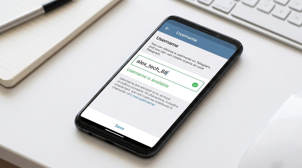 手机屏幕显示 Telegram 用户名设置界面,输入框显示着一段简洁的字母加下划线组合,下方提示绿色