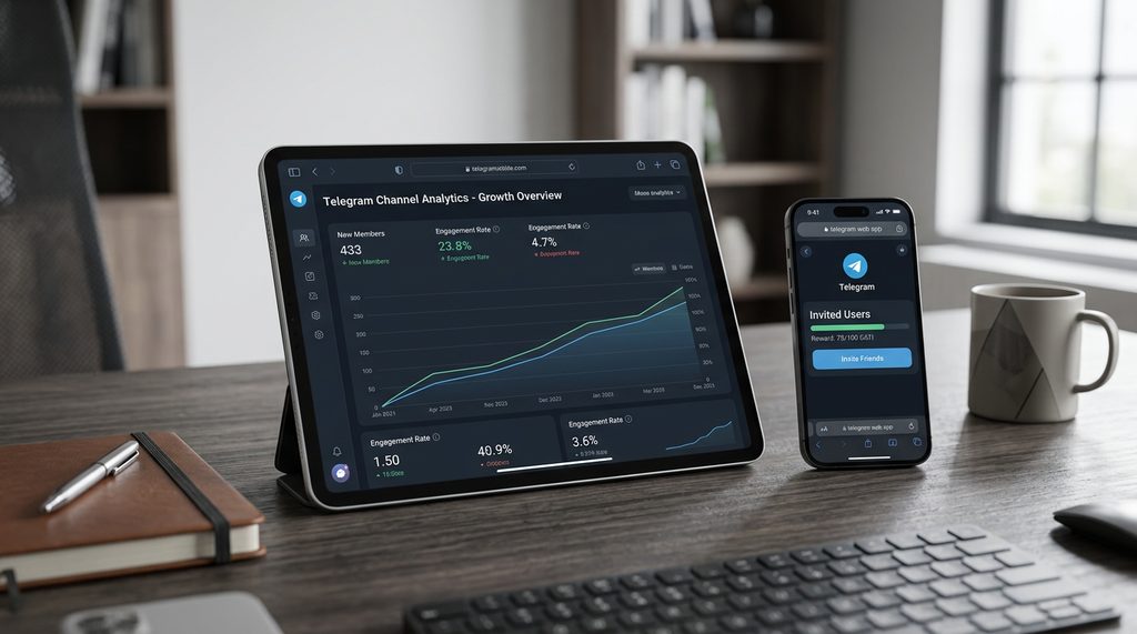数字化办公桌上放着平板电脑,屏幕展示着 Telegram 频道后台分析数据,旁边是一台手机,屏幕亮着