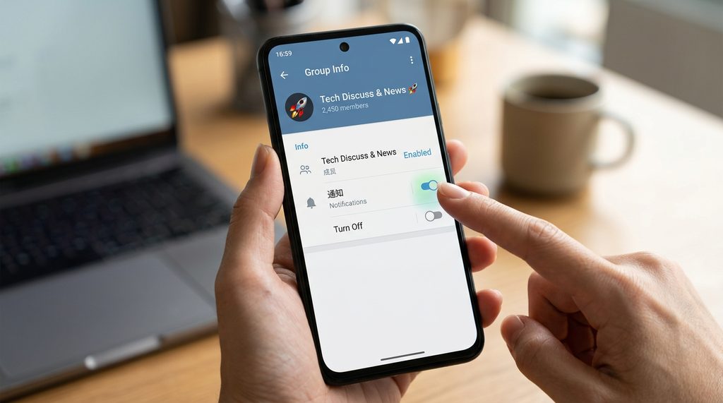 一部智能手机显示 Telegram 群组通知设置界面,手指正在点击关闭群组提醒开关的近景特写