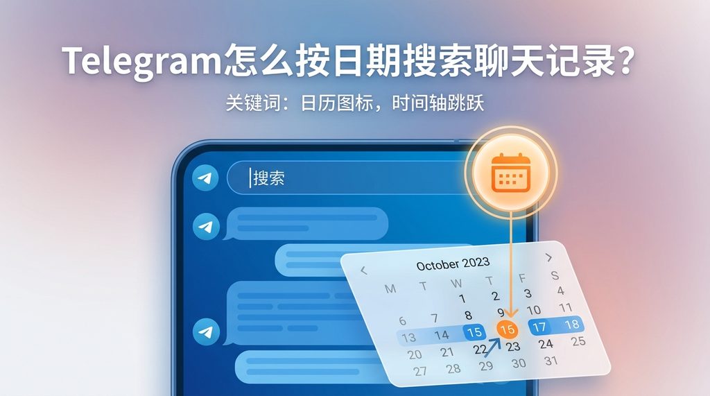 手机屏幕显示Telegram聊天界面，搜索框右侧突出显示日历图标，下方弹出日期选择器的操作示意图