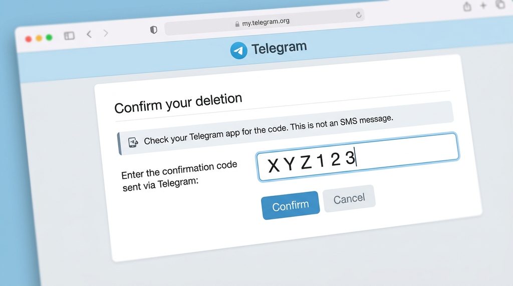 一张展示在浏览器中输入Telegram账号注销验证码的界面截图,画面简洁且重点突出输入框区域