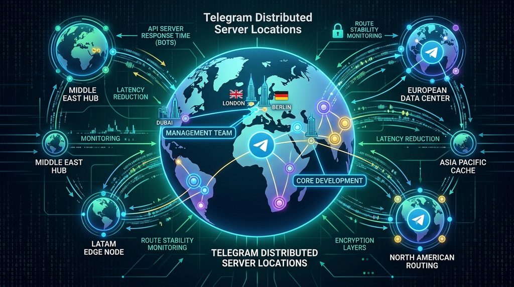 一张展示 Telegram 全球分布式服务器架构的示意图，带有连接线路和数据包流动的现代感科技风格