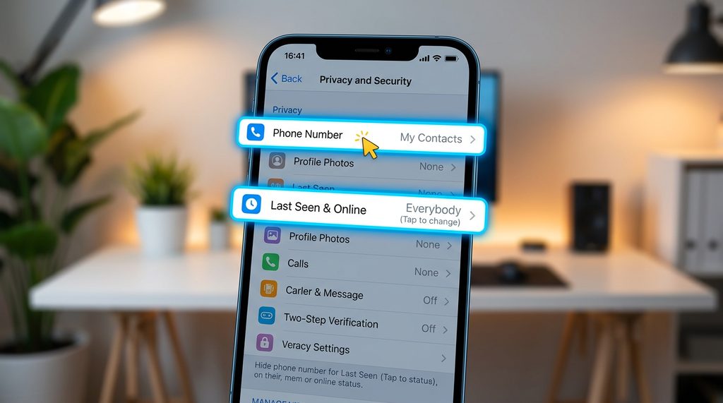 智能手机界面展示 Telegram 隐私设置菜单，高亮显示“手机号码”与“最后上线时间”选项，界面简