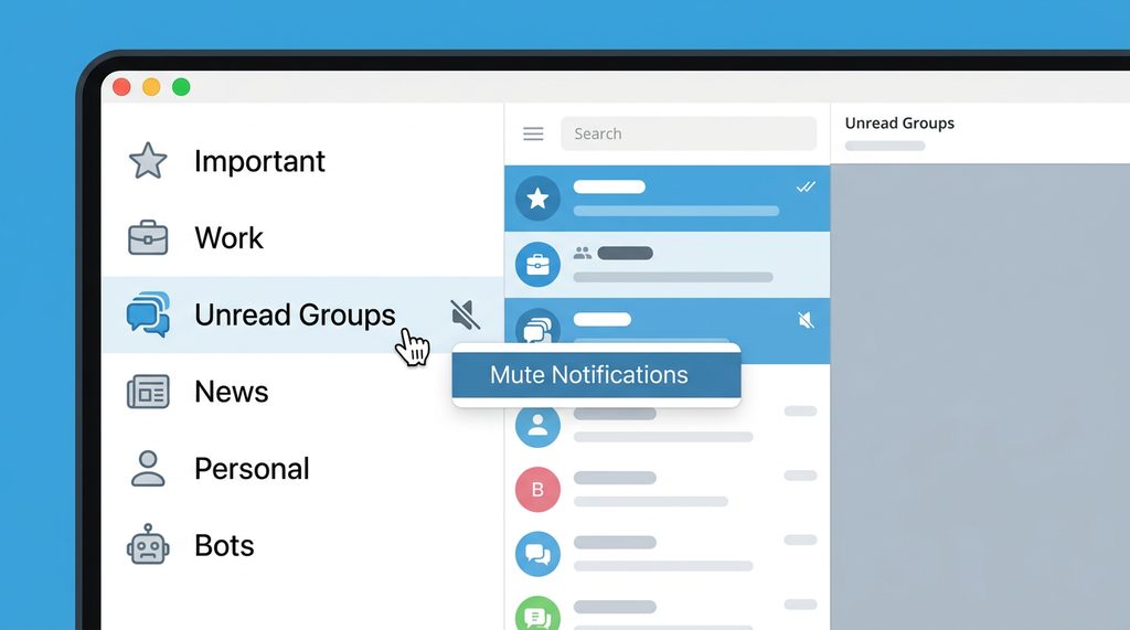 电脑屏幕上 Telegram 聊天列表侧边栏展示多个文件夹分类,界面简洁明了