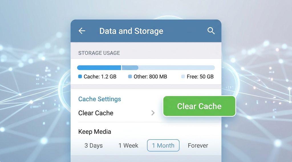 Telegram数据与存储设置界面，显示存储使用量和缓存清理选项，界面风格简洁专业