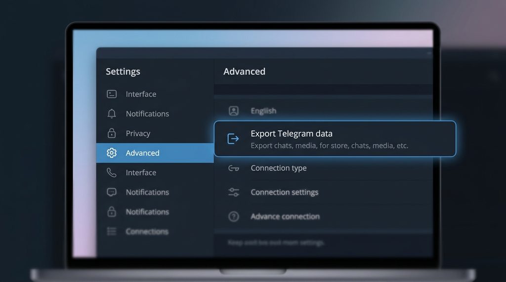 Telegram电脑端设置界面,展示“导出数据”选项的菜单高亮截图,体现操作的专业感
