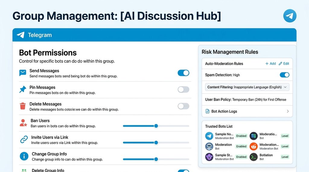 一个清晰明了的 Telegram 群组管理设置界面，显示 Bot 权限控制和风控规则选项
