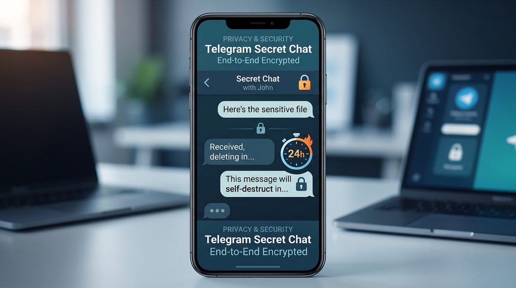 展示 Telegram 密聊界面的屏幕截图，对话框带有加密锁标志，并显示“自动销毁”倒计时器